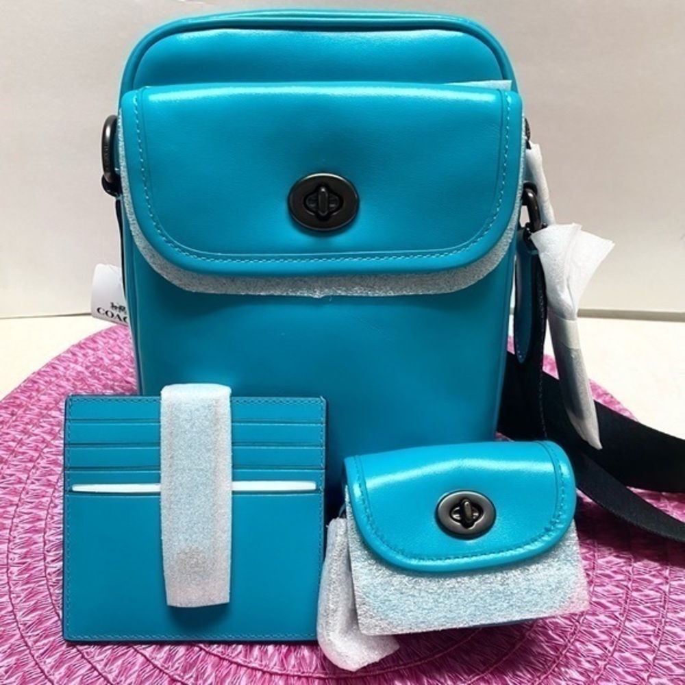 Coach Heritage Crossbody Vivid Turquoise Bundle Crossbody, Turnlock & Card Case